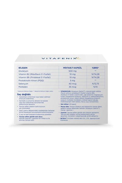 Vitafenix Angard Glutatyon (İNDİRGENMİŞ/REDUCED) Içeren Takviye Edici Gıda 20 Kapsül