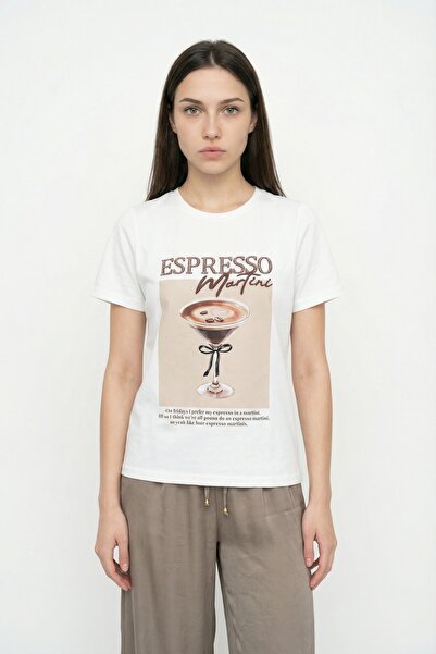 Quzu Espresso Embroidered Printed Oversize T-Shirt Ecru