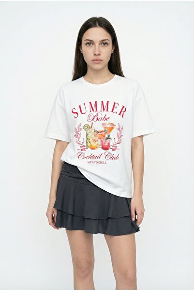 Quzu Summer Babe Printed Oversize T-Shirt Ecru