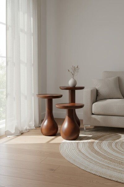 KleinHaus Furniture Mantar Sehpa Seti 3 Adet, Masif Ahşap Orta/Yan Sehpa (Değ...