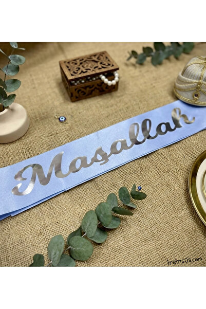 mypartyready Maşallah Yazılı Mavi Renk Gümüş Yaldızlı Kuşak Sünnet Düğün Süsl...