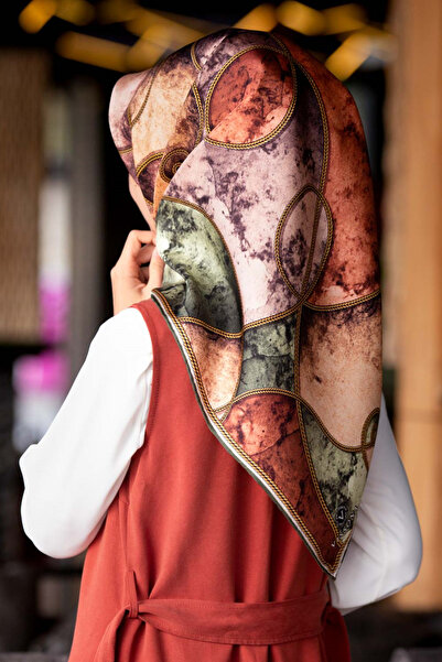 Vissona % 57 İPEK % 43 VİSKON Twill İpek Zincirli Mermer Desenli Haki - Bakır...