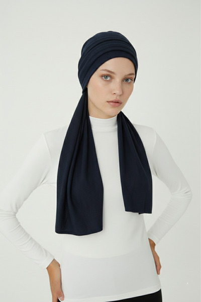 elysianfidan Fitilli Penye Bağlama Lacivert Hazır Türban Tesettür Bone Medika...