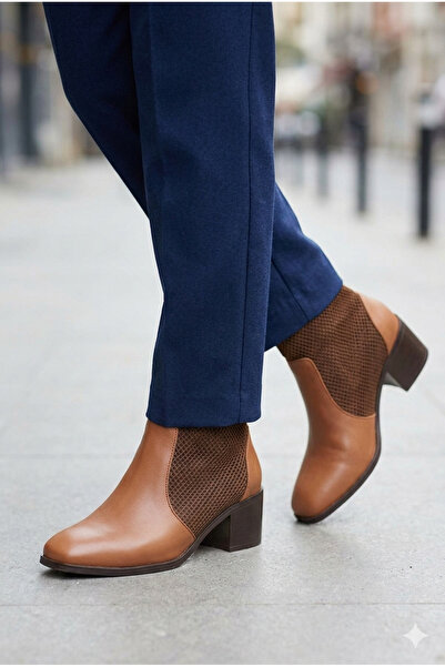 Mira Deri Genuine Leather Tan-Brown 6cm Thick Heel Zippered Close-Toe Classic...