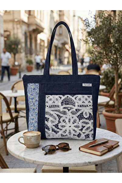 Ays Quilt Denim Shoulder Bag with Lace - Handmade Bag with Zipper and Inside ...