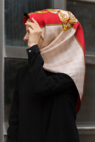 Vissona %100 Twill İpek Monogram Ve Barok Desenli Kırmızı - Krem Renkli 90x90...