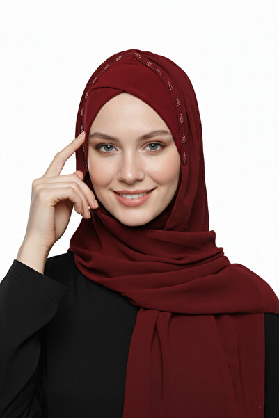 elysianfidan Şal Takmatik, cu pietre, roşu claret, turban gata făcut, hijab, ...
