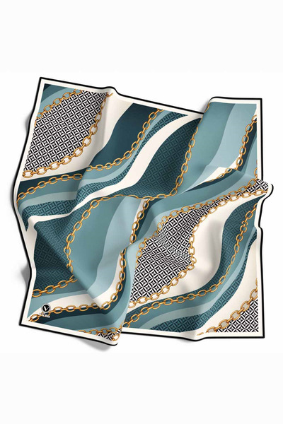 VİOLLA Kristal Zincir Desenli Desenli Petrol Mavisi Renkli 90x90 Eşarp (İpek ...