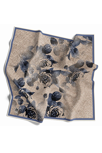 VİOLLA Twill Gül Desenli İndigo Mavisi Renkli 90x90 Eşarp (İpek İçermez) Kena...