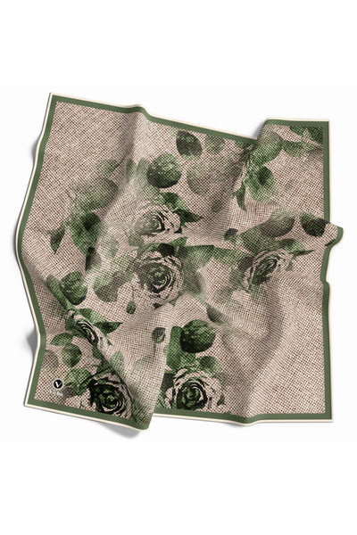 VİOLLA Twill Gül Desenli Zümrüt Yeşili Renkli 90x90 Eşarp (İpek İçermez) Kena...