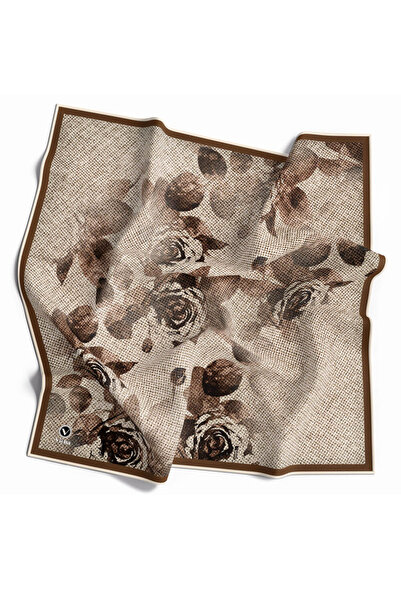 VİOLLA Twill Gül Desenli Bej Renkli 90x90 Eşarp (İpek İçermez) Kenar Dikiş Şe...