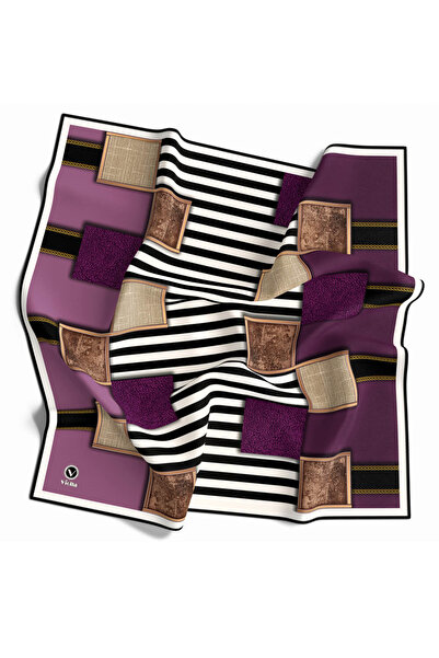 VİOLLA Twill Geometrik Ve Çizgili Desenli Mor Renkli 90x90 Eşarp (İpek İçerme...