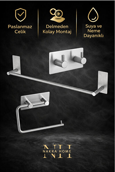 NAKRA HOME 3'lü Set ( Paslanmaz Çelik Yapışkanlı Havlu Askısı , Tuvalet Kağıt...