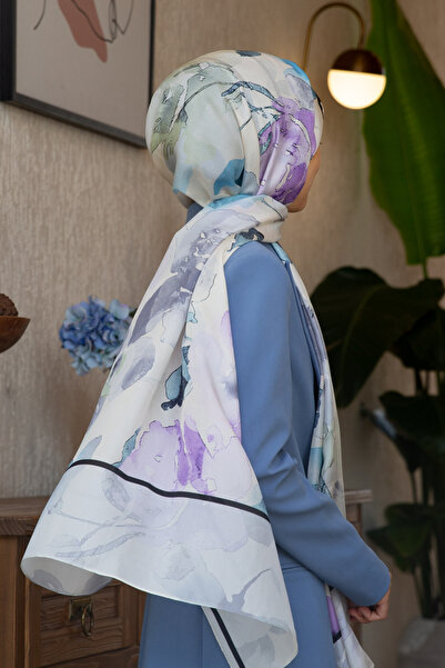 Vissona 100% Mătase Acuarelă Motiv Floral Gri - Liliac Culoare 92x210 Şal