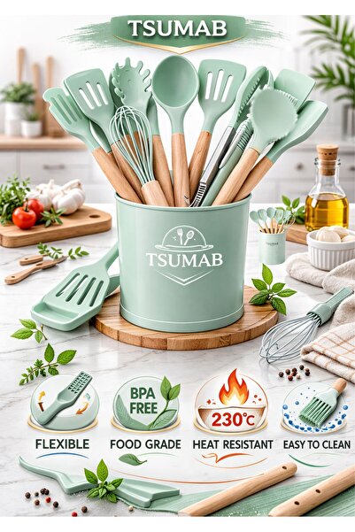 TSUMAB طقم أدوات مطبخ من السيليكون مكون من 11 قطعة مع حامل - مقاوم للحرارة حت...