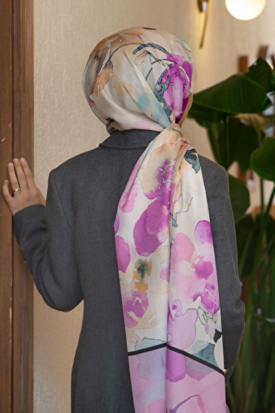 Vissona شال حريري 100% بنمط زهور مائية بلون البرقوق مقاس 92 × 210