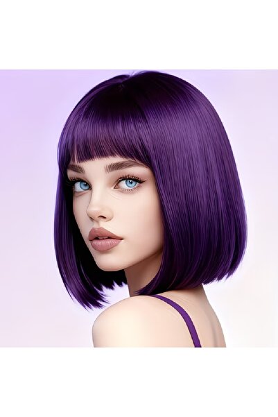 animis beauty Perucă violetă, fibră sintetică cu aspect, păr bob drept, cu br...