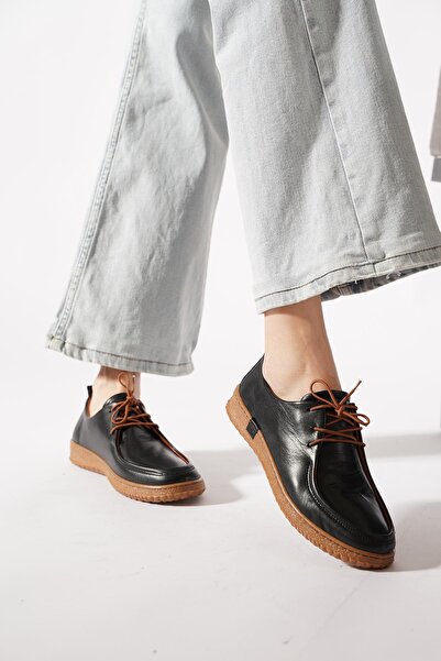Moda Pie Yerna Rubber Laced Women's Genuine Leather Shoes Black Skin