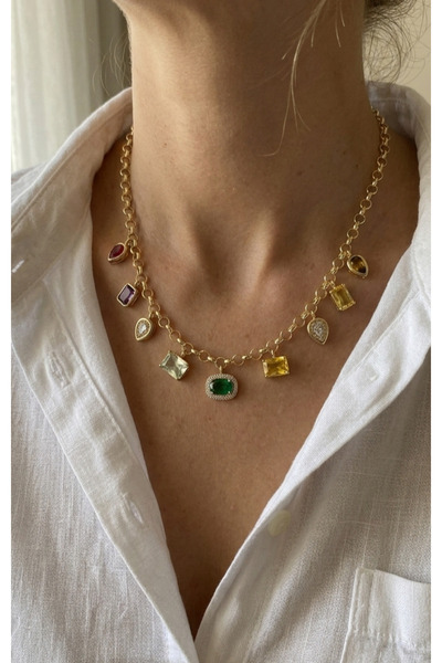 m mavi deniz accesories Çelik Kolye Zarif Renkli Taşlı Charm Model Kadın Kolye