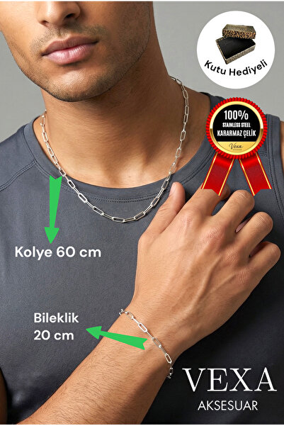 Vexa Aksesuar Kararmaz İthal Çelik Ataç Model Zincir Kolye & Bileklik Set – Ö...