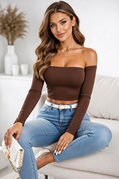 Olyssia Ženska braon bluza sa madona ovratnikom Uskog kroja Elastično Bez bre...
