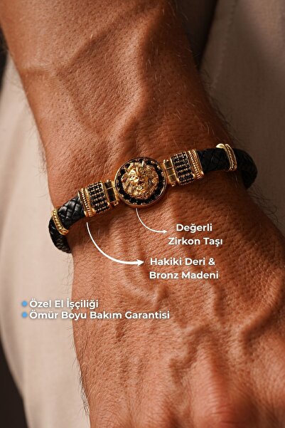 TANSESUAR Aslan Figürlü Zirkon Taşlı Hakiki Deri Bileklik