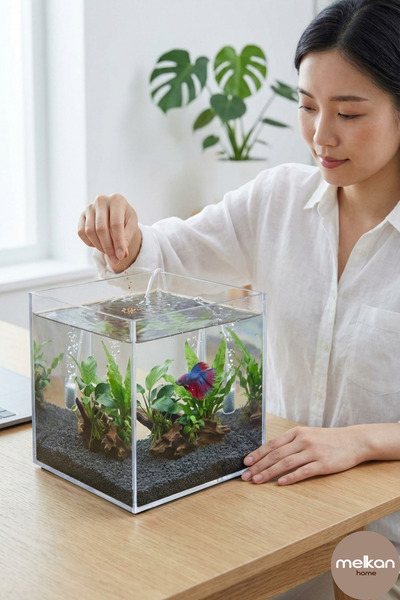 Melkan Home Premium Kristal Küp Nano Akvaryum & Beta Fanusu 20x20x20 cm 7 Litre - Karides ve Balık Akvaryumu