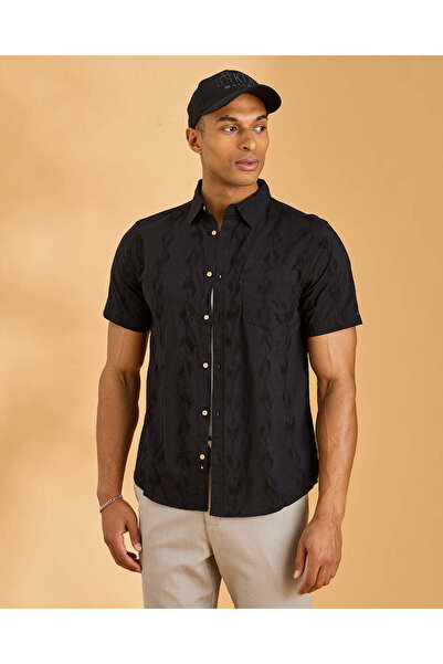 REDTAG Men Black Embroidered Cotton Shirt
