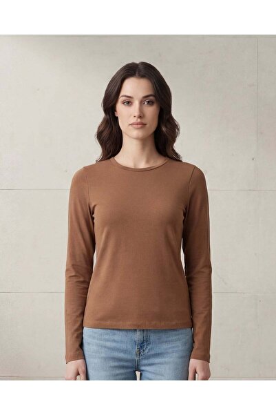 REDTAG Women Brown Long Sleeve Crew Neck T-Shirt