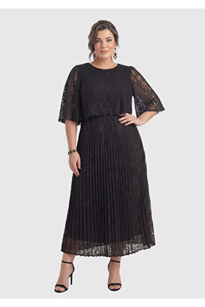 LİLAS XXL Büyük Beden Siyah Renkli Dantel Elbise
