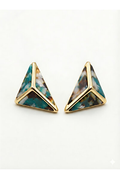 Pelin Aksesuar Turquoise-Brown Mix Patterned Stylish Triangle Earrings