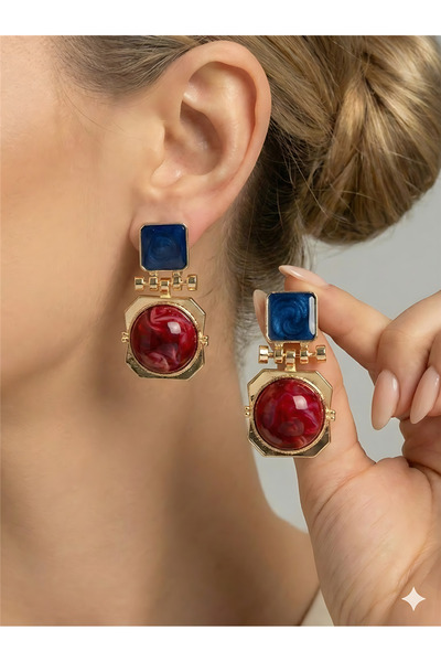 Pelin Aksesuar Mavi ve Bordo Çift Renkli Geometrik Küpe