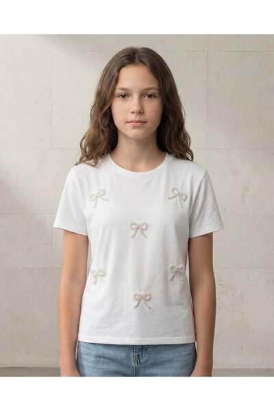 REDTAG Senior Girls White Bow Embellished Boxy Top