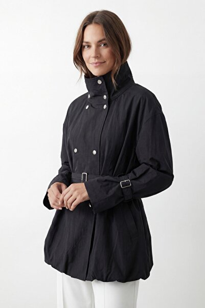 Soul Women's Stand Collar Waist-Tie Design Jacket – 32469Ckt - Black