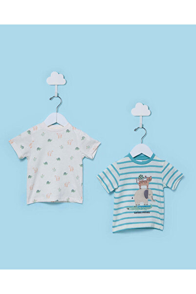 REDTAG Infant Boys White And Blue Striped 2 Pack T Shirt