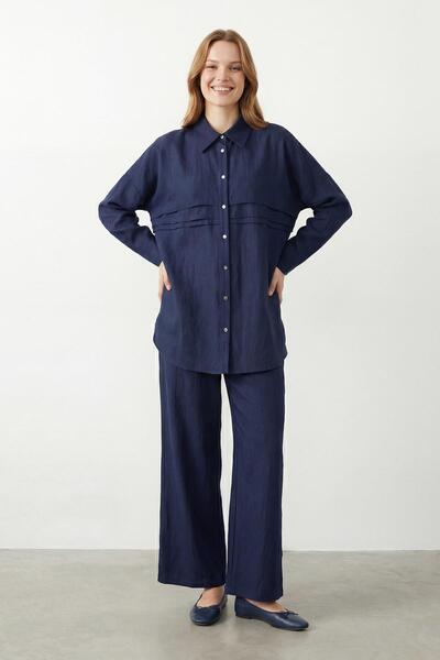 Puane Kadın Gömlek Yaka Kat Detaylı Tunik Pantolon Takım -14466TKS - NAVY