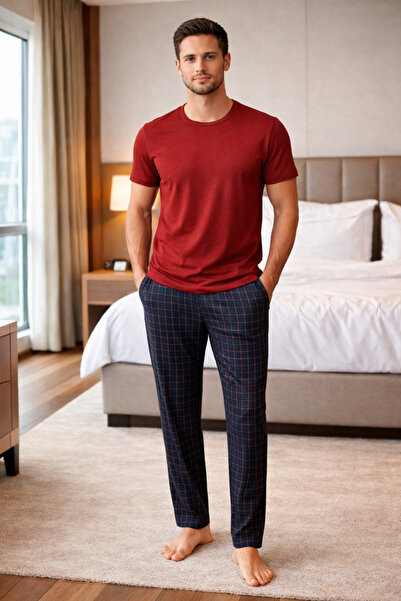 YUYİ Ji̇ber Modal Cotton Crew Neck Short Sleeve Men's Pajama Set 15329