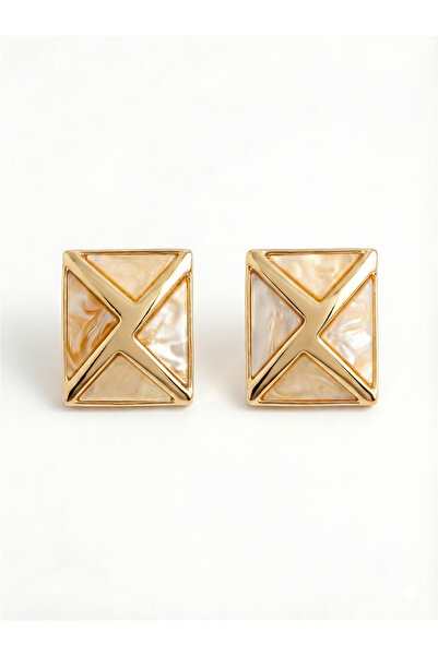 Pelin Aksesuar Ecru Pearlescent and Gold Color Cross Detailed Square Earrings