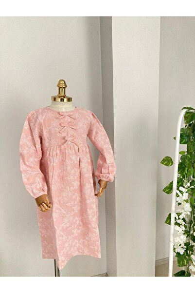 UHDE STORE Kız Çocuk Pembe Tesettür Müslin Elbise Merasim Elbisesi Umre Elbisesi