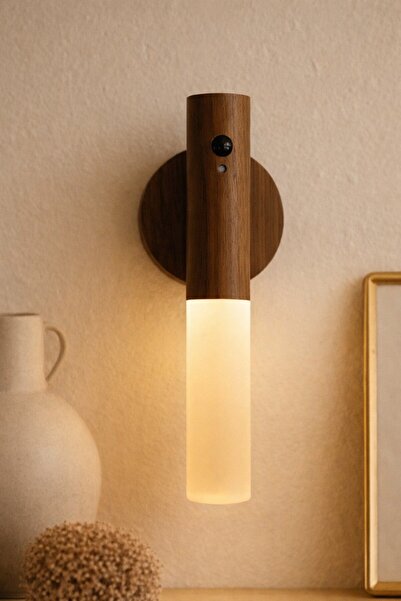 Emal Home Doğal Ahşap Hareket Sensörlü Manyetik Duvar Lambası - USB Şarjlı De...