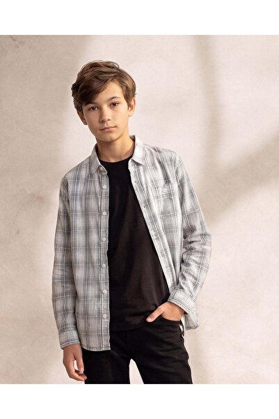 REDTAG Senior Boys White Check Seersucker Shirt With Inner T-Shirt Set