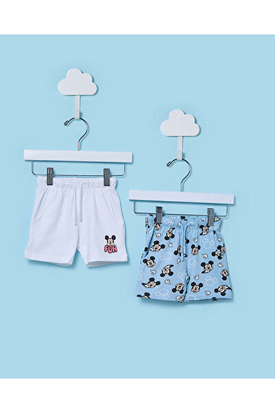REDTAG Infant Boys Cream And Blue Mickey 2 Pack Active Shorts