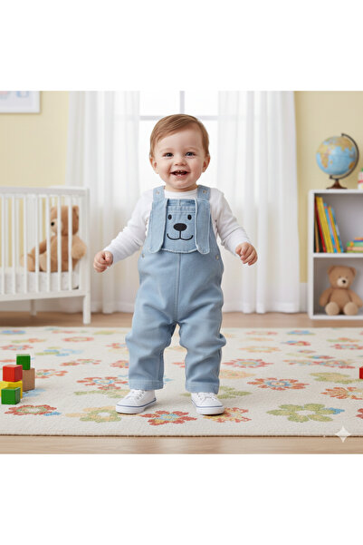 genybaby Erkek Bebek Kot Salopet Tulum Ayıcıklı Mavi Baharlık 2’li Takım