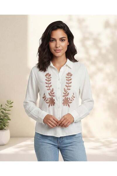 REDTAG Women White Embroidered Casual Blouse