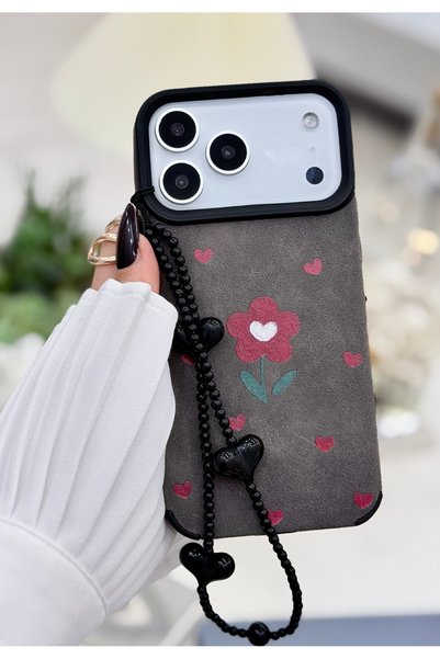 Go Aksesuar iPhone 17 Promax Compatible Plated Charm Flexible Silicone Case with Burgundy Flower Design and Toy