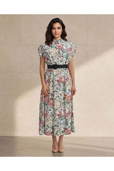 REDTAG فستان ميدي نسائي مطبوع متنوع بأزرار أمامية وحزام