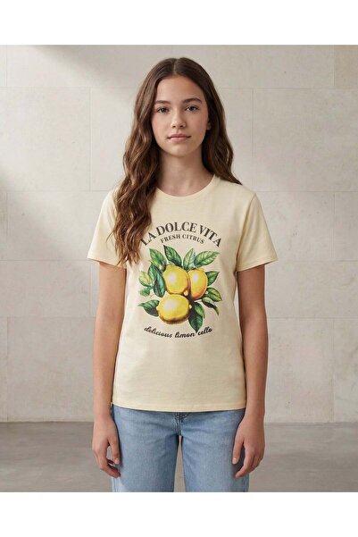 REDTAG Senior Girls Yellow Placement Print Short Sleeve T-Shirt