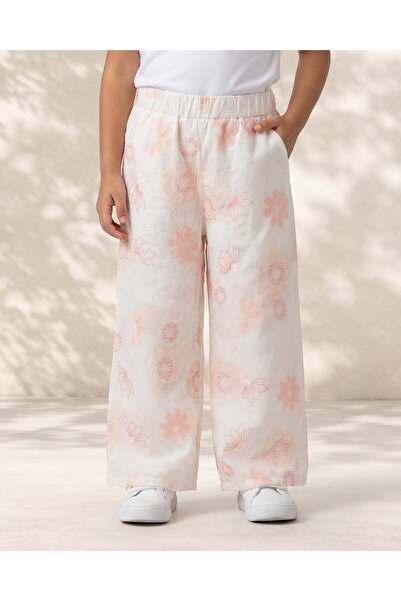 REDTAG Girls Ivory Embroidered Wide Leg Trousers
