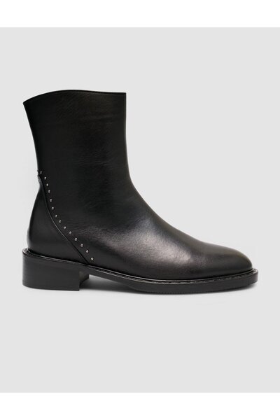 Cabani Genuine Leather Black Studded Detailed Zippered Women's Daily Boots