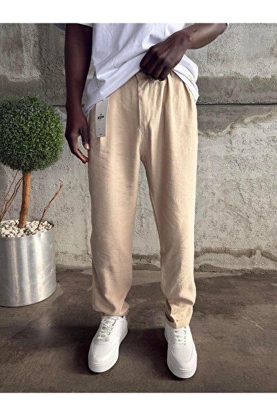 KağanKY Beige Pleated Modal Fabric Boyfriend Pants